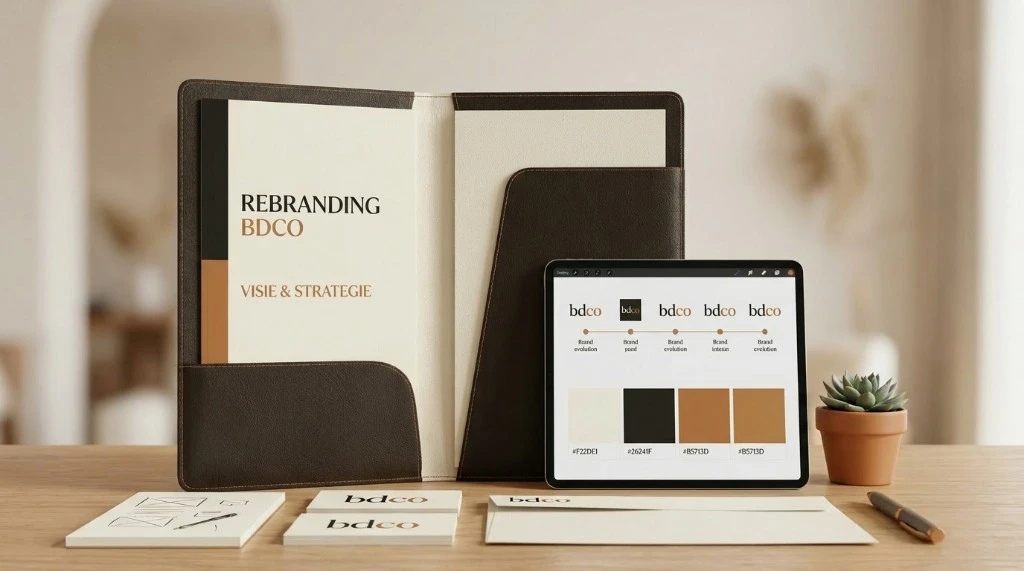Rebranding met merkidentiteit, huisstijl en visitekaartjes op een bureau, rebranding door BDCO