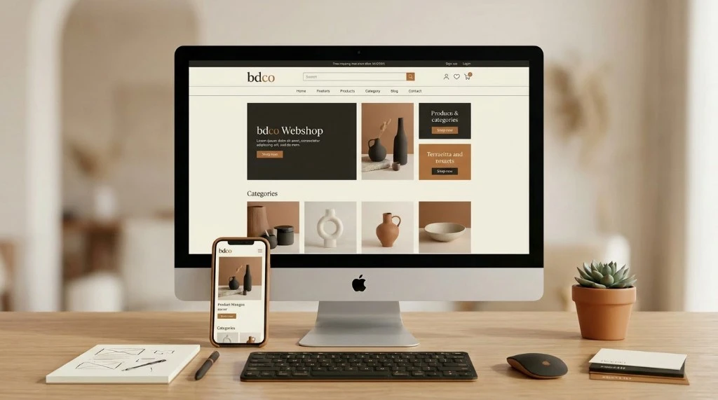 iMac en iPhone met responsive webshop-ontwerp op een bureau, webshop laten maken door BDCO